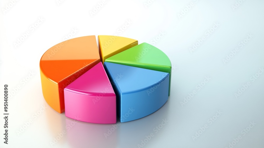 Obraz premium A vibrant 3D pie chart with colorful segments floating above a reflective surface, symbolizing data analysis and business insights, with a minimalist white background.