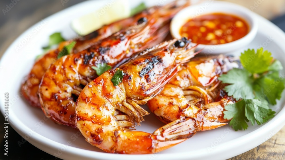 A vibrant and appetizing image of grilled prawns with a glossy glaze, served on a white plate with a side of spicy sauce and garnished with cilantro. A vibrant and appetizing image of grilled prawns with a glossy glaze, served on a white plate with a side of spicy sauce and garnished with cilantro.