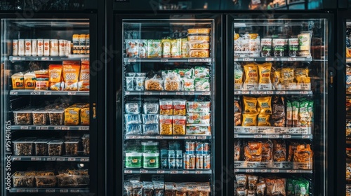 Supermarket refrigerator packed with chilled products, showcasing cold, fresh, and ready-to-buy items in an organized display