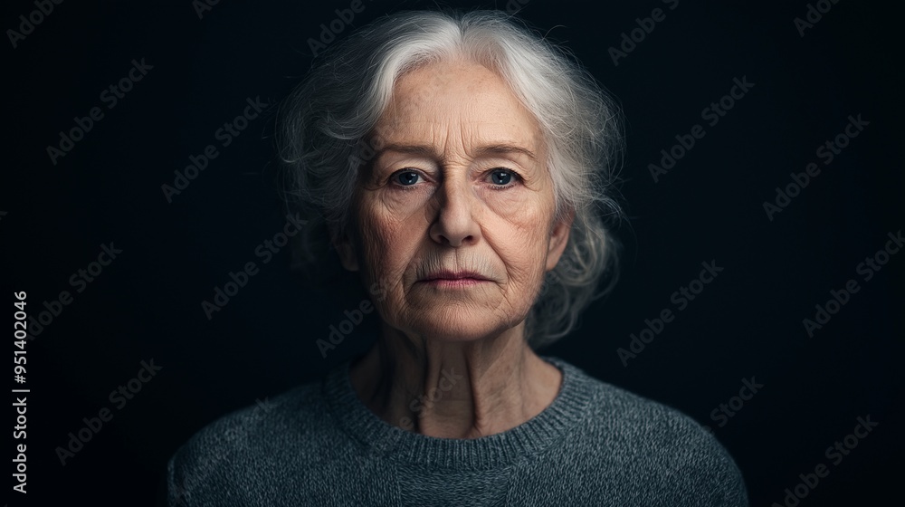 A portrait of an elderly woman with white hair, looking directly at the camera against a dark background A portrait of an elderly woman with white hair, looking directly at the camera against a dark background
