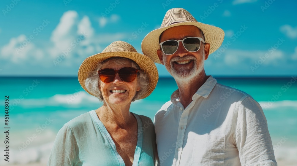 Elderly Couple Enjoying a Sunny Beach Day Elderly Couple Enjoying a Sunny Beach Day