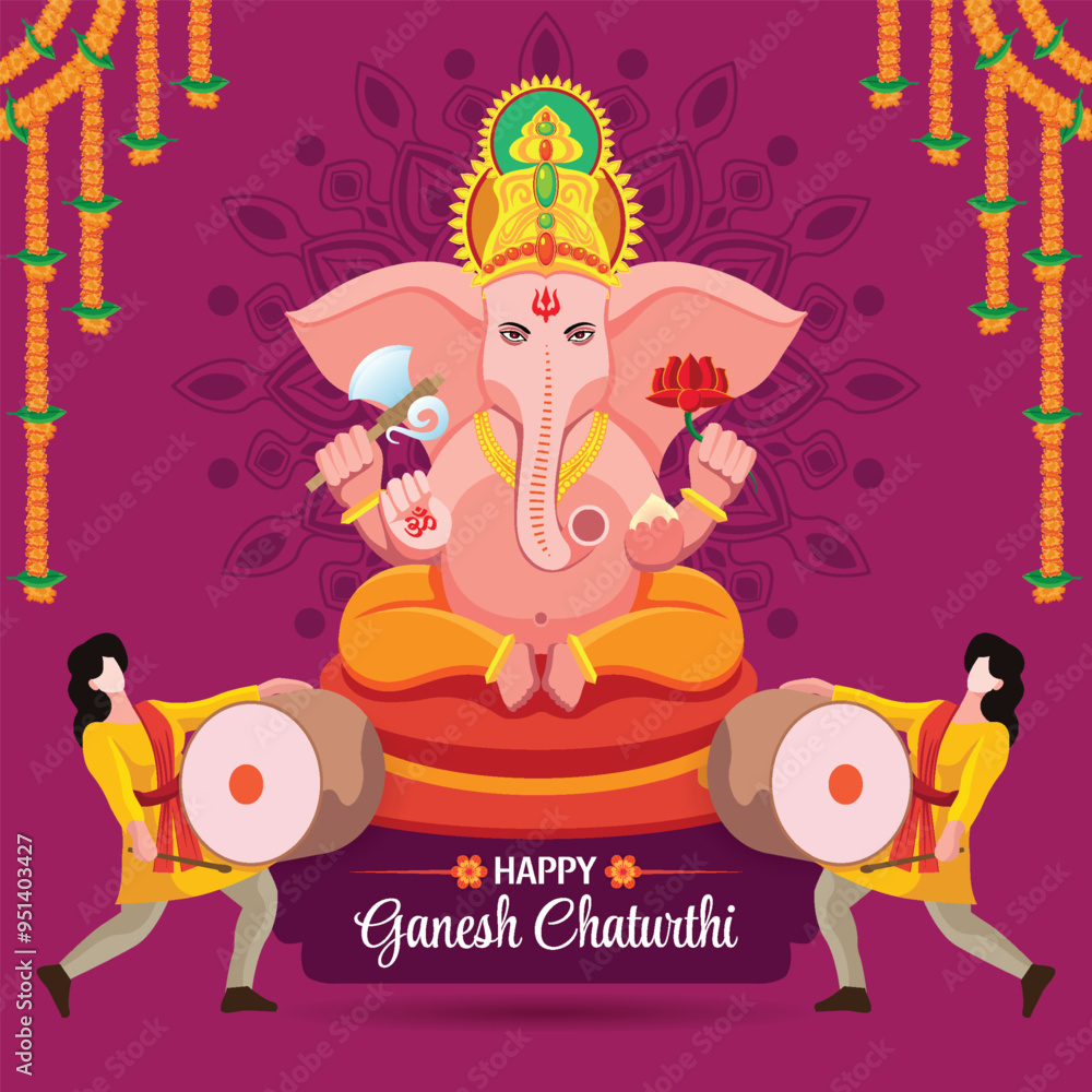 Naklejka premium Ganesh Chaturthi Illustration with Lord Ganesha, Dhol Players, and Mandala Background