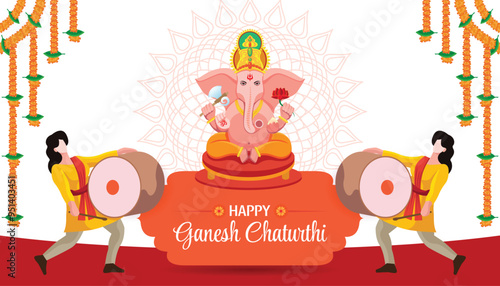 Festive Ganesh Chaturthi Greeting with Lord Ganesha and Dhol Players in Mandala Background