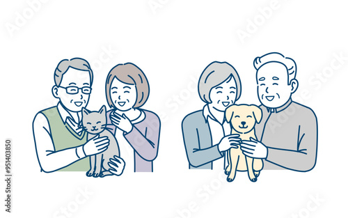 犬や猫を飼う高齢者のイラスト