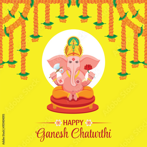 Ganesh Chaturthi Celebration Banner with Lord Ganesha and Hanging Marigold Garlands