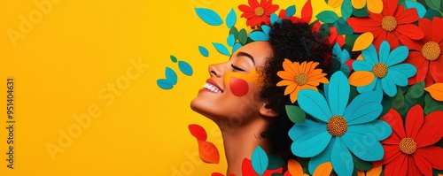 A radiant woman surrounded by blooming flowers, her smile symbolizing joy and personal growth in a vibrant, colorful scene photo