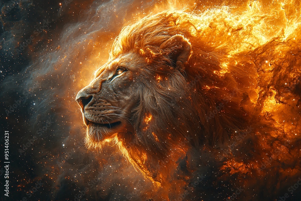 Naklejka premium A stunning cosmic lion with fiery mane, perfect for Halloween themed designs, events, and promotions. Ideal for Halloween with copy space.