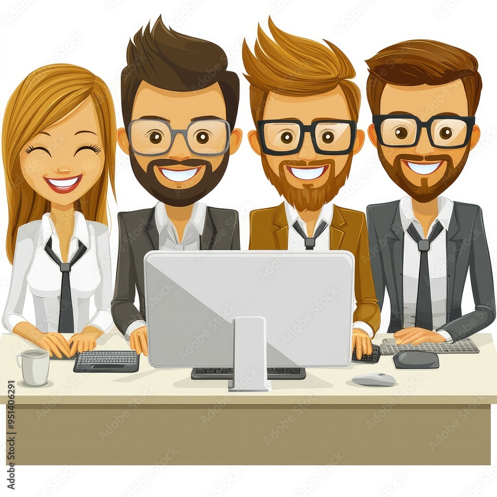 Diverse business team collaborating with computers at office workstation Diverse business team collaborating with computers at office workstation