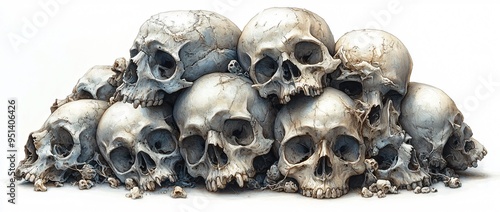 A stacked pile of human skulls on a white background, perfect for Halloween-themed decorations, horror concepts, and spooky designs with copy space.