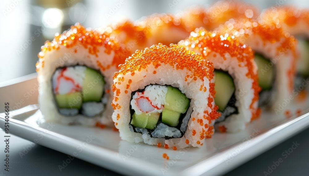 Close-up of California Rolls Topped with Tobiko Close-up of California Rolls Topped with Tobiko