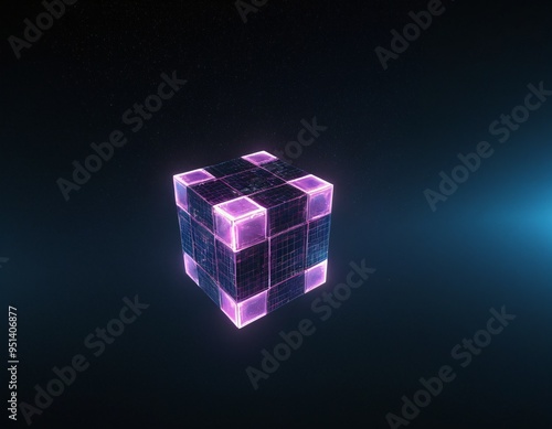 Abstract 3d rendering of a flying cube. Sci fi shape in empty space. Futuristic background. 3d illustration. Ai generated image.