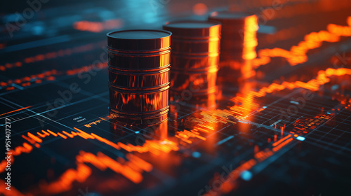 Stock image showing crude oil barrels on a financial chart with rising graph lines, symbolizing crude oil trading and market trends. photo