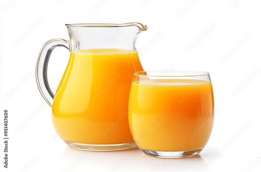 jug and glass with orange juice on a white background jug and glass with orange juice on a white background