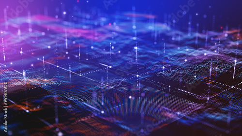 Glow blue futuristic digital technology landscape. Glow colourful particle background.