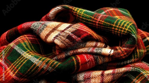 A close-up of a colorful plaid fabric showcasing a rich texture and vibrant patterns, perfect for seasonal decor or fashion.