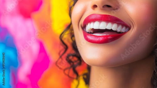 A woman with glossy, plump lips smiling and speaking, captured in a vibrant, colorful environment to highlight the health and attractiveness of her lips. photo