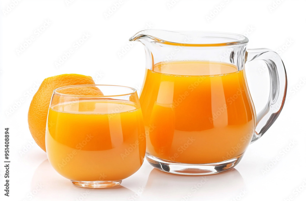 jug and glass with orange juice on a white background jug and glass with orange juice on a white background