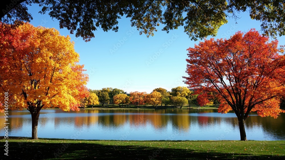 A serene lake surrounded by vibrant autumn trees reflecting colorful leaves on the water under a clear blue sky. A serene lake surrounded by vibrant autumn trees reflecting colorful leaves on the water under a clear blue sky.