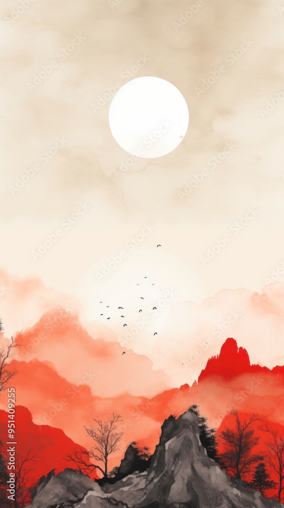 Obraz premium Mountain range with the red sun outdoors painting nature.