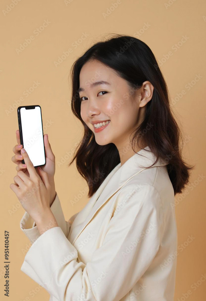 A young Asian girl woman displaying smartphone with empty screen, modern technology A young Asian girl woman displaying smartphone with empty screen, modern technology