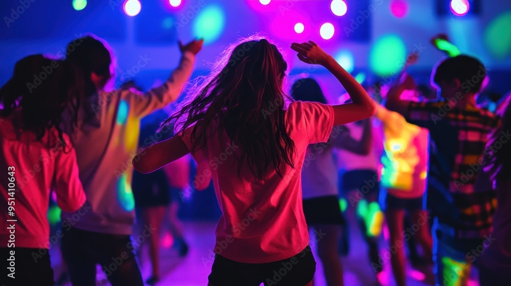 Vibrant Dance Floor: Silhouettes of People Dancing Under Colorful Lights Vibrant Dance Floor: Silhouettes of People Dancing Under Colorful Lights
