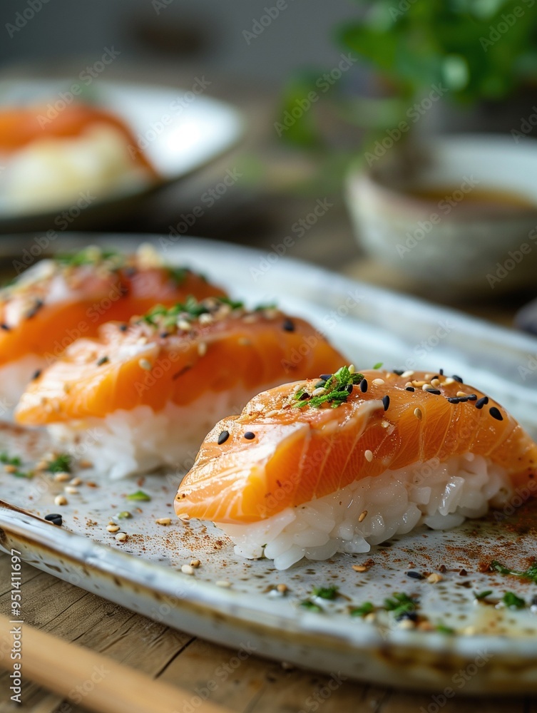 Japanese Buri Nigiri, Yellowtail sushi on ceramic plate, close up presentation Japanese Buri Nigiri, Yellowtail sushi on ceramic plate, close up presentation