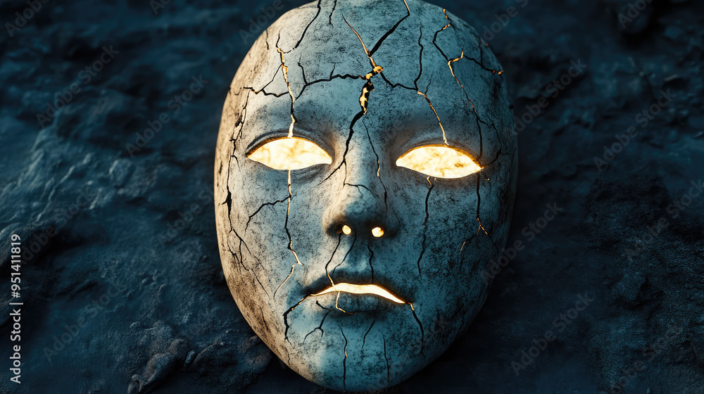 A terrifying mask with a cracked surface and cold, lifeless eyes, shrouded in a dark, eerie atmosphere. A terrifying mask with a cracked surface and cold, lifeless eyes, shrouded in a dark, eerie atmosphere.