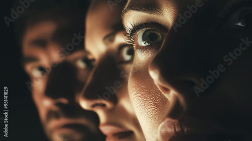 Close-up shots of men and women looking on with serious faces. photo