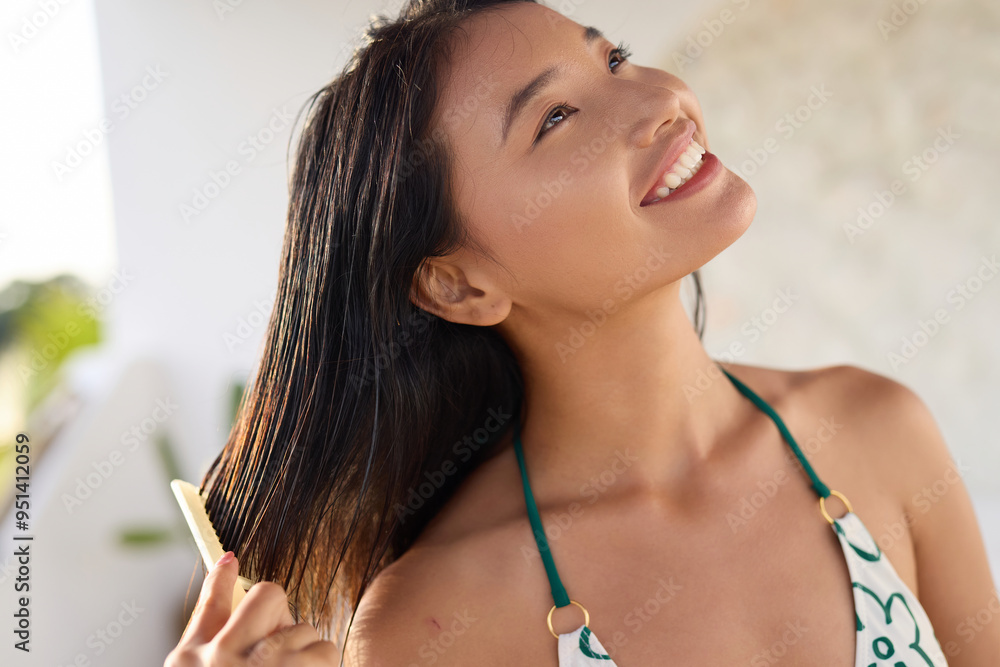 Hair. Smiling Woman Gently Combing Long, Shiny Hair Outdoors, Promoting Hair Care, Health, And Beauty Routine Concept. Hair. Smiling Woman Gently Combing Long, Shiny Hair Outdoors, Promoting Hair Care, Health, And Beauty Routine Concept.