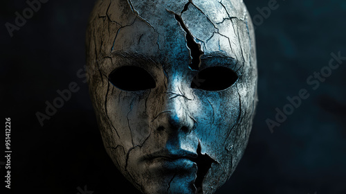 A terrifying mask with a cracked surface and empty, lifeless eyes, set against a dark, eerie backdrop.