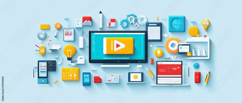 A vibrant composition of digital devices and creative tools representing modern technology and multimedia content creation. A vibrant composition of digital devices and creative tools representing modern technology and multimedia content creation.