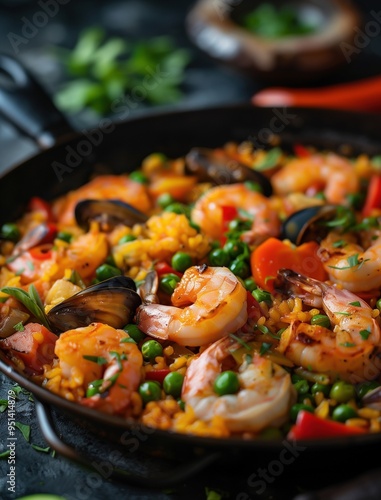 Traditional Spanish Paella with shrimp and vibrant vegetables, close up shot on a rustic background