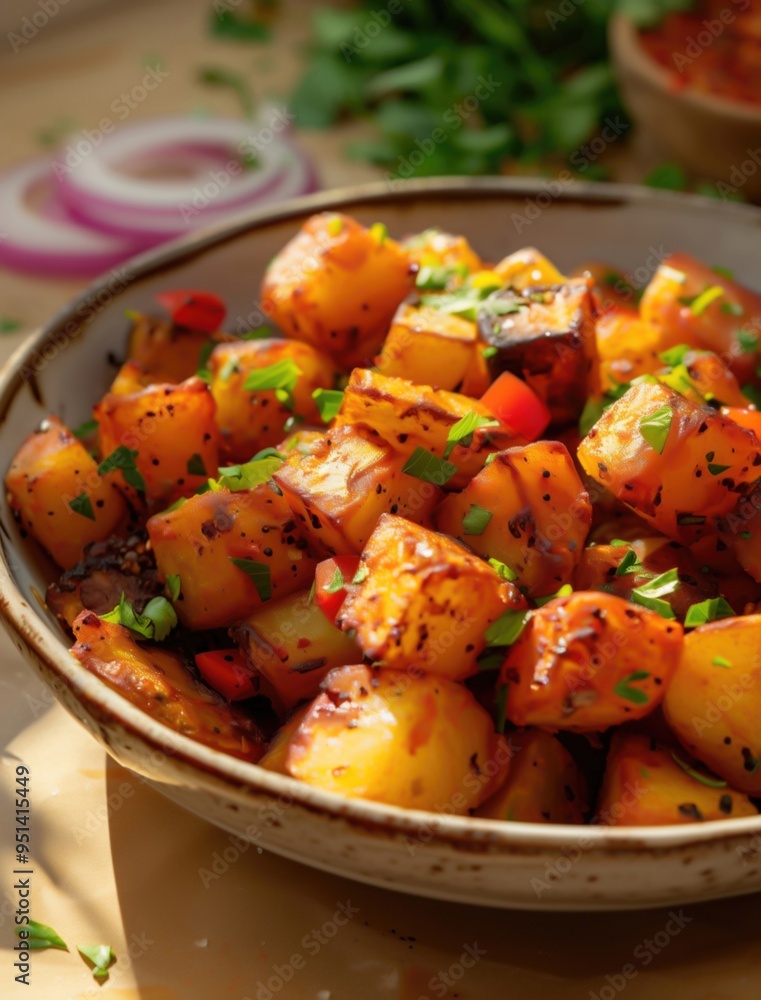 Close up of Patatas Bravas, Spanish Fried Potatoes on Beige Background Close up of Patatas Bravas, Spanish Fried Potatoes on Beige Background