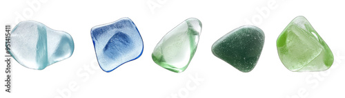 Sea Glass Pieces in Blue, Green, and Clear Shades. Isolated on a Transparent Background. Cutout PNG.