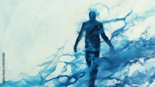 Wallpaper Mural Exploring the depths of a surreal, blue landscape with a mysterious figure walking through fluid patterns Torontodigital.ca