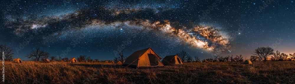 Star-filled sky over tents in the wilderness, Night camping, Celestial wonders Star-filled sky over tents in the wilderness, Night camping, Celestial wonders