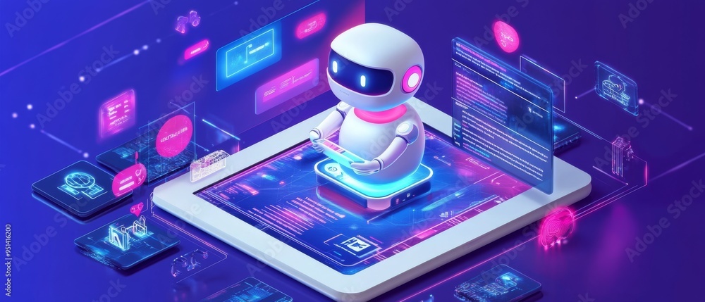 custom made wallpaper toronto digitalA futuristic robot interacts with digital elements on a tablet, showcasing AI technology and innovation in a vibrant setting.