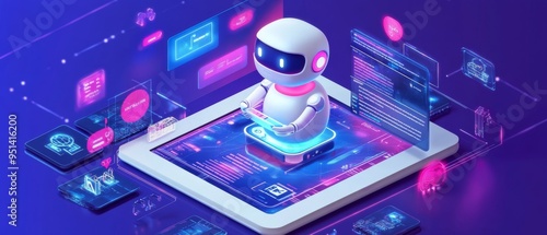 Wallpaper Mural A futuristic robot interacts with digital elements on a tablet, showcasing AI technology and innovation in a vibrant setting. Torontodigital.ca