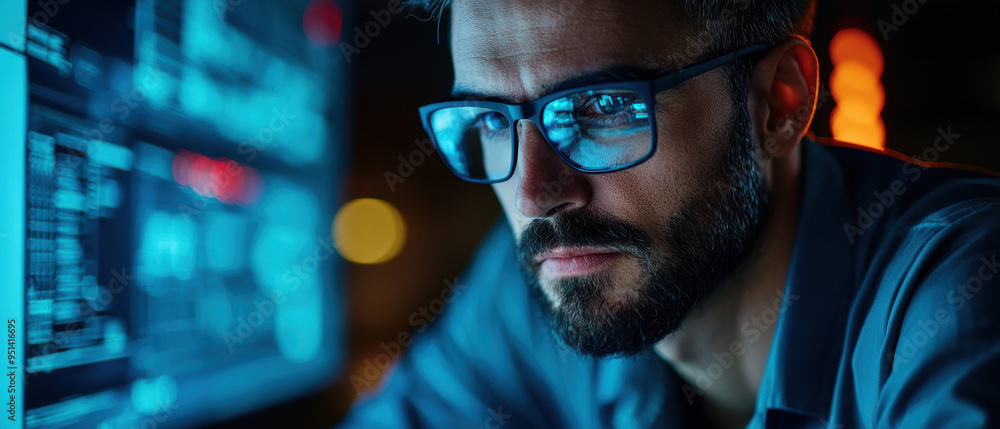 A man wearing glasses is looking at a computer screen with a blue background A man wearing glasses is looking at a computer screen with a blue background