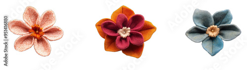 Upcycled Fabric Brooches Shaped Like Flowers. Isolated on a Transparent Background. Cutout PNG.
