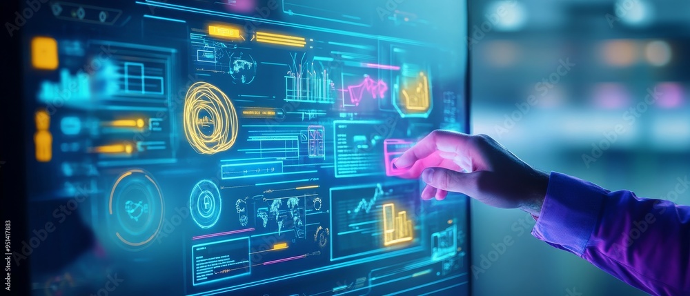 A hand interacting with a digital interface displaying colorful data and charts, showcasing technology and innovation. A hand interacting with a digital interface displaying colorful data and charts, showcasing technology and innovation.