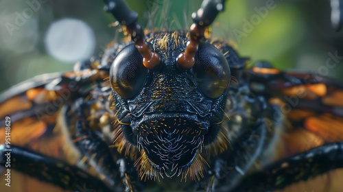 An up close glimpse of an insect with distinct horn like features photo