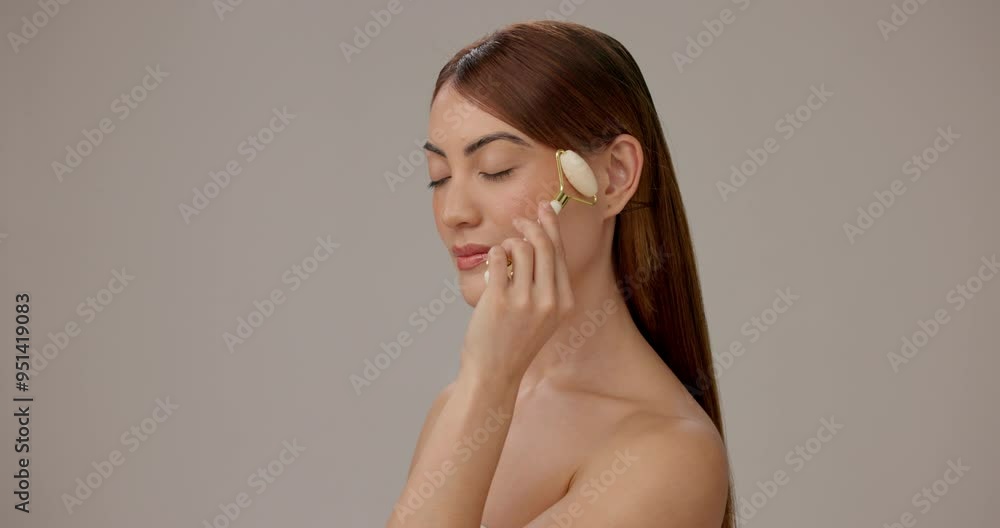 Jade roller, skincare and woman in studio for wellness, beauty and facial treatment for anti aging. Dermatology, salon and person with face tools for cosmetics, grooming and health on gray background Jade roller, skincare and woman in studio for wellness, beauty and facial treatment for anti aging. Dermatology, salon and person with face tools for cosmetics, grooming and health on gray background