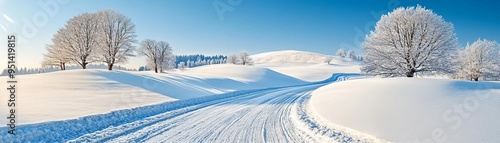 Snow-covered countryside road trip with rolling hills, rural winter landscape, scenic and peaceful