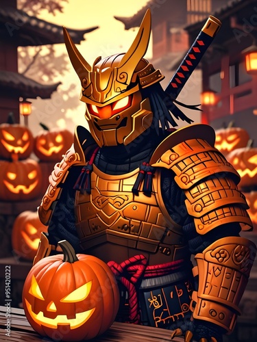 halloween Jack-o'-lanterns in samurai armor photo