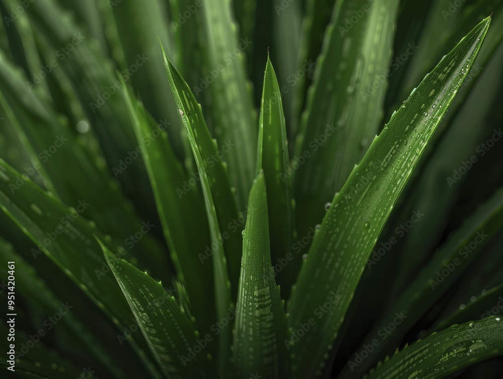 Fototapeta premium Close-up of agave leaves showcasing their sharp, detailed textures and vibrant green hues, perfect for botanical and nature stock photos.