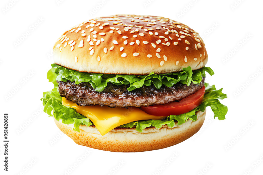 Juicy Cheeseburger with Sesame Bun, Isolated on White Juicy Cheeseburger with Sesame Bun, Isolated on White