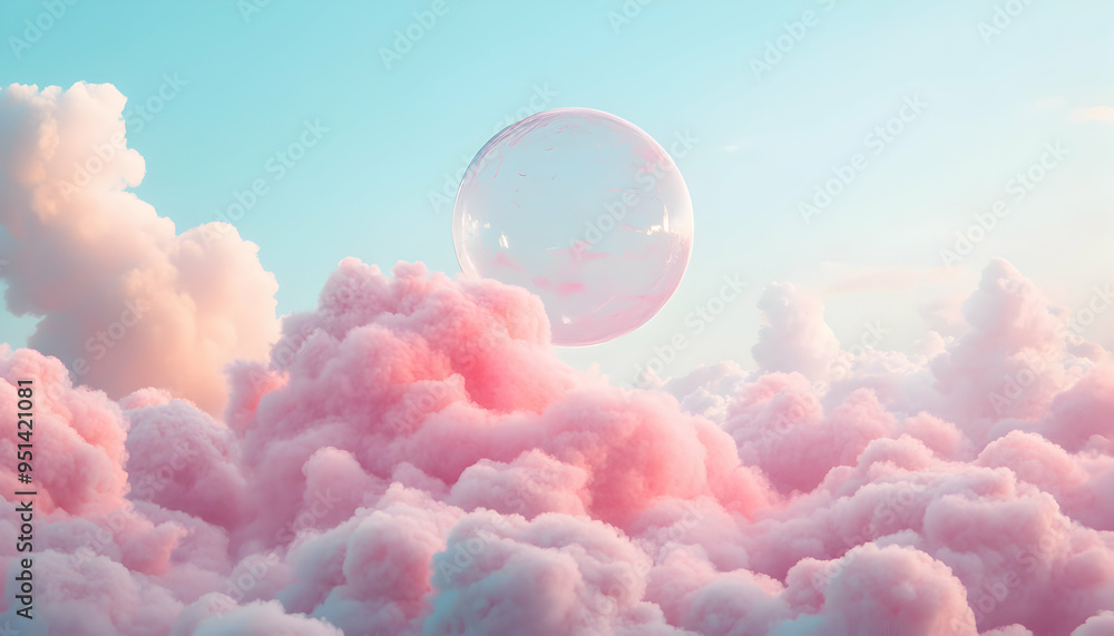 A large, translucent sphere floats above a bed of fluffy pink clouds against a soft blue sky. A large, translucent sphere floats above a bed of fluffy pink clouds against a soft blue sky.