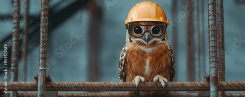 Owl wearing a construction helmet and goggles, perched on scaffolding, overseeing a nighttime construction project, wise and watchful photo