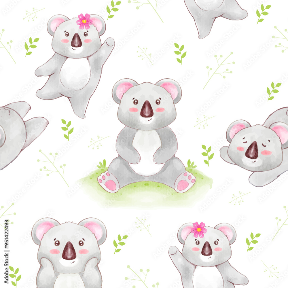 Seamless pattern of adorable koalas in various poses with floral and foliage accents on a white background. Perfect for textiles, wallpapers, and children’s products. Seamless pattern of adorable koalas in various poses with floral and foliage accents on a white background. Perfect for textiles, wallpapers, and children’s products.